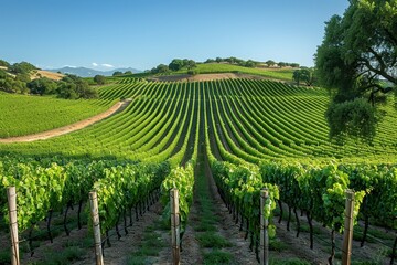 Naklejka premium A picturesque vineyard with rows of grapevines stretching into the distance, under a clear blue sky. 