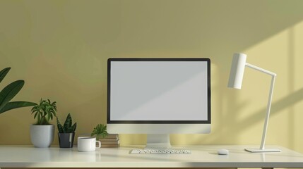 Simple room with desktop computer on beige background