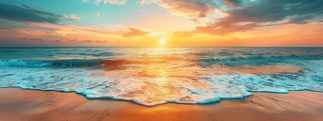  The sun sets over the ocean, a wave advances toward the shore, and a beach lies in the foreground