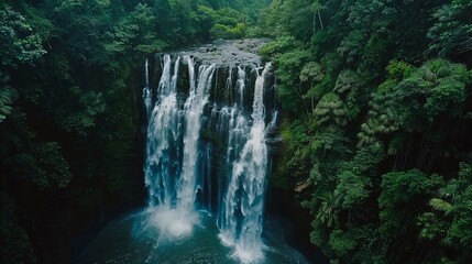 Fototapeta premium A sweeping drone shot of a cascading waterfall in a dense tropical jungle, capturing the dynamic and natural beauty of the landscape