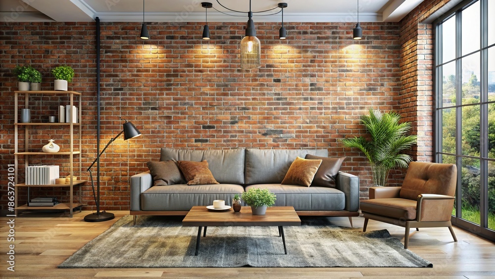 Wall mural Modern living room with a comfortable sofa and exposed brick walls, modern, living room, sofa, brick walls, contemporary - Wall murals