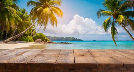 Wooden table in front with beach and palm trees