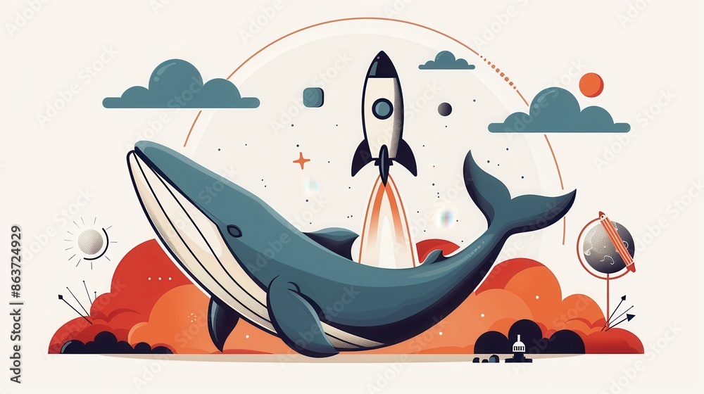 Poster Whale Leaping Through The Clouds With A Rocket