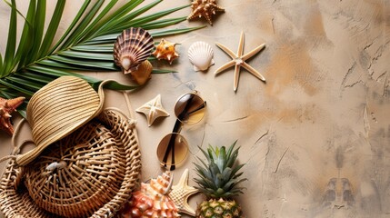 Summer scene: straw hat, sunglasses, pineapple, wicker bag, palm leaf, seashells and starfish on a beige background.