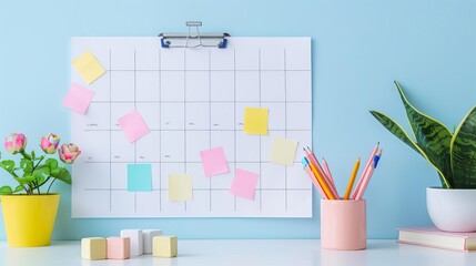 Top view of a whiteboard with class schedule and notes, daily organization, back to school planning