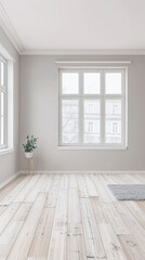 Fototapeta premium Empty room in a luxury property in neutral tones with natural lighting and no furniture. Interiors composition with copy space for advertising.