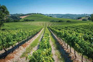 A picturesque vineyard with rows of grapevines stretching into the distance, under a clear blue sky. 