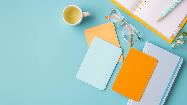 Top view of a set of language learning flashcards and textbook, multilingual education, back to school languages