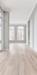 Fototapeta premium Empty room in a luxury property in neutral tones with natural lighting and no furniture. Interiors composition with copy space for advertising.