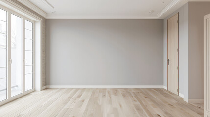 Fototapeta premium Empty room in a luxury property in neutral tones with natural lighting and no furniture. Interiors composition with copy space for advertising.