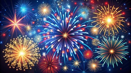 Fototapeta premium Vibrant fireworks explode in a starburst pattern against a dark blue background adorned with patriotic decorations, celebrating happy independence day.