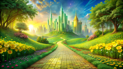 Enchanted yellow brick road leading to magical emerald city in springtime , Fantasy, Oz, Magicians