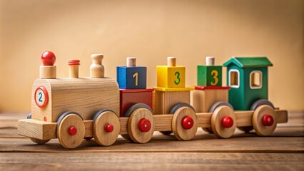 A vintage wooden toy locomotive with numbered cars on a beige background, illustrating early childhood education and numerical literacy concepts in a nostalgic setting.