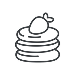 Cute pancakes icon. Hand drawn monochrome illustration of a stack of pancakes with strawberry isolated on a white background. Kawaii sticker. Vector 10 EPS.
