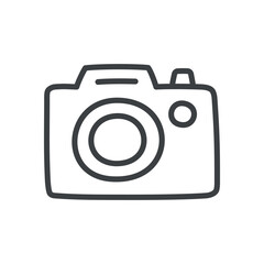 Cute camera icon. Hand drawn monochrome illustration of a funny photocamera isolated on a white background. Kawaii sticker. Vector 10 EPS.
