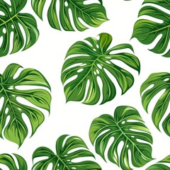 Tropical seamless pattern with green Monstera leaves on white background. Lush foliage, exotic jungle design for fabric, wallpaper, wrapping paper. Concept of nature, summer, and tropics