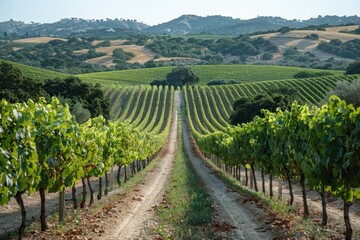 Fototapeta premium A picturesque vineyard with rows of grapevines stretching into the distance, under a clear blue sky. 