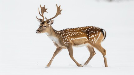 Obraz premium Spotted deer walking in snow on white backdrop