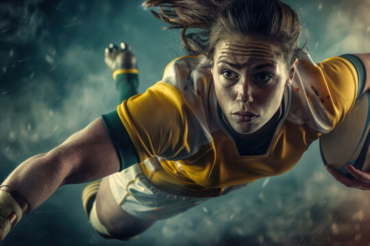Abstract Rugby female player in mid-play, powerful and determined, captured with dynamic motion and photographic realism.