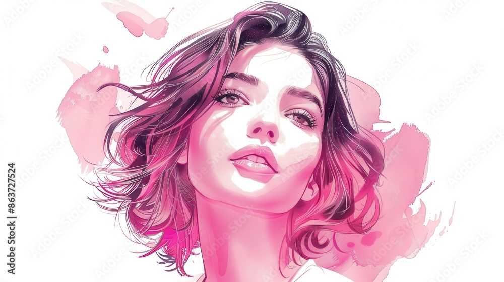 Poster Pink Watercolor Portrait of a Young Woman.