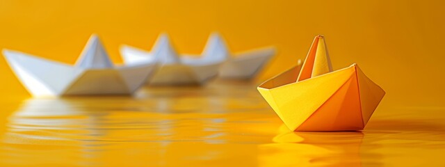  A collection of origami boats arranged beside one another on a sunlit, yellow surface Reflection visible on the floor beneath them