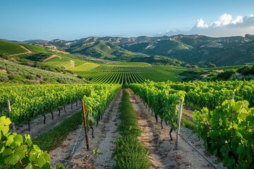 Fototapeta premium A picturesque vineyard with rows of grapevines stretching into the distance, under a clear blue sky. 