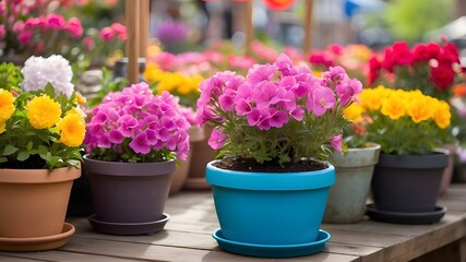 Bright springtime blooms in pots at the fair enhancing