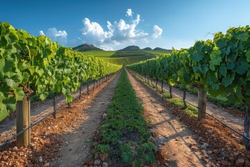 Obraz premium A picturesque vineyard with rows of grapevines stretching into the distance, under a clear blue sky. 
