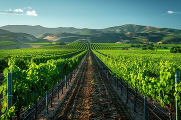 Fototapeta premium A picturesque vineyard with rows of grapevines stretching into the distance, under a clear blue sky. 