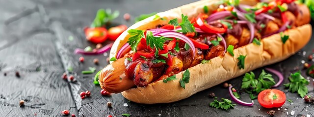  A hot dog topped with ketchup, onions, tomatoes, and cilantro on a bun Serve ketchup separately