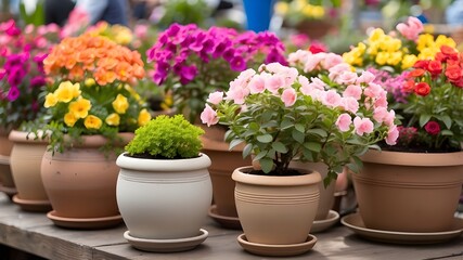 Fototapeta premium Bright springtime blooms in pots at the fair enhancing