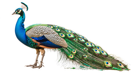 Obraz premium Peacock isolated on white background. Beautiful peacock with feathers out