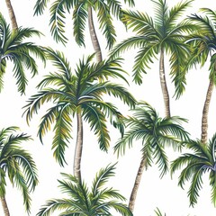 Tropical Palm Tree Seamless Pattern. Lush Green Palm Trees on White Background, Ideal for Summer, Vacation, and Tropical Themes