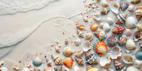 Fototapeta premium variety of colorful seashells scattered across the sandy beach copy space