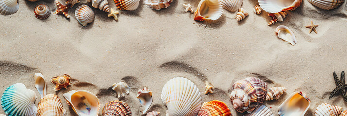 Fototapeta premium variety of colorful seashells scattered across the sandy beach copy space