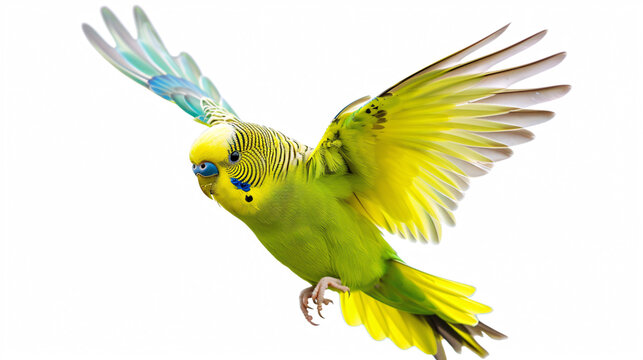Yellow Budgerigar isolated on white background. Parrot in flight.