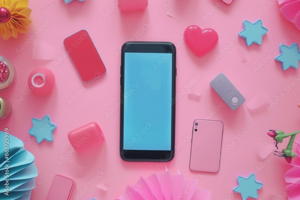 Leinwandbilder a smartphone with a blank screen sits on a pink background surrounded by colorful decorative element