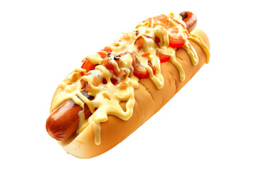 Classic hot dog with ketchup and mustard on a soft bun a isolated on white transparent background.