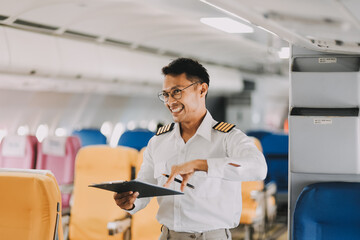 Portrait of a trained airplane captain in uniform preparing to fly in a simulator cockpit.