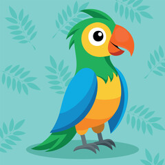 Cute parrot vector cartoon style. Parrot with bright colorful feathers. Exotic jungle blue, yellow and green birdie with beak and wings. Wild cheerful animal mascot.