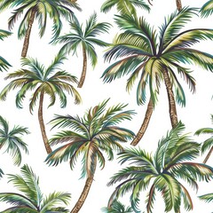 Tropical Paradise. Seamless Pattern of Lush Green Palm Trees on White Background