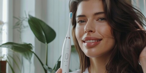 Fototapeta premium Beautiful Female Model Holding Electric Toothbrush, Featuring Three-in-One Electric Flosser for Deep Teeth Cleaning, Removing Plaque and Bacteria. Includes Floss, Gum Sweeper, and Tongue Scraper for F