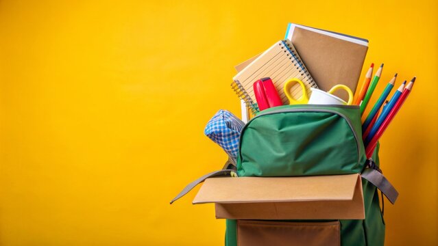 Vibrant school supplies spilling out of a backpack into a donation box on a soft yellow background, conveying a sense of generosity and giving.