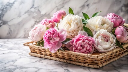Elegant peonies in soft focus arranged in a stylish wicker tray against a luxurious marble backdrop, exuding refinement and sophistication in a serene, minimalist setting.