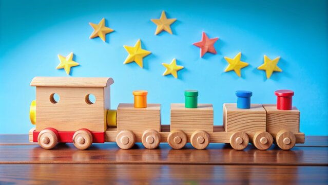 Vibrant wooden toy train with numerals 1 to 5 and accompanying wooden stars on a soft blue background, symbolizing a playful learning environment for young children.