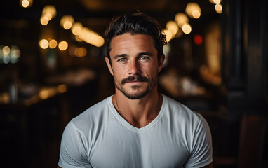 Fototapeta premium A young man in a white t-shirt smiles at the camera while standing in a dimly lit setting
