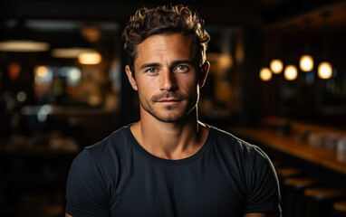 Fototapeta premium A portrait of a young man wearing a black t-shirt, standing in a dimly lit bar