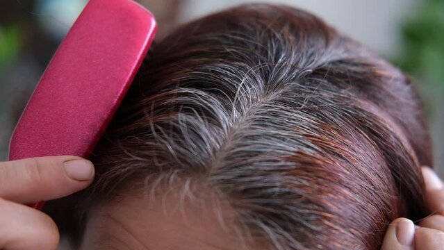 HD video. Gray hair on the head of a mature woman. Long gray hair. The initial stage of gray hair. The problem of gray hair in women. Taken from above.
