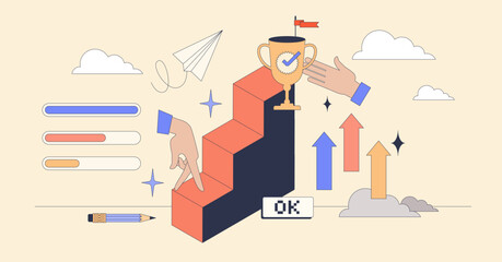 Leveling up for financial success and growth tiny person neubrutalism concept. Rise business ambitions with target for achievements vector illustration. Improving standards for development in future.