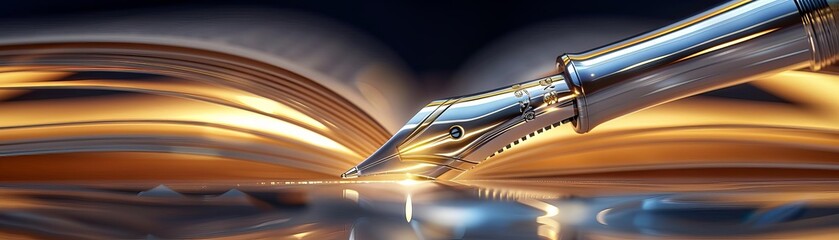 Naklejka premium Beautiful fountain pen with blue light on an open book